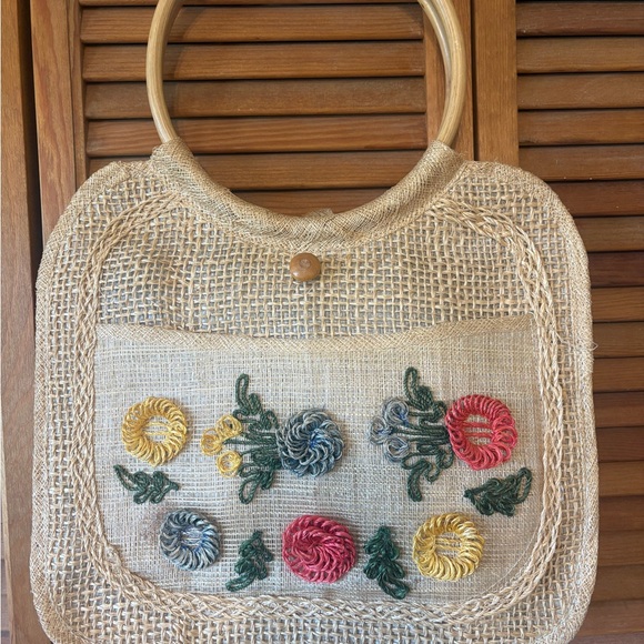 Handbags - Natural Straw Tote with Multicolor Floral Embroidery